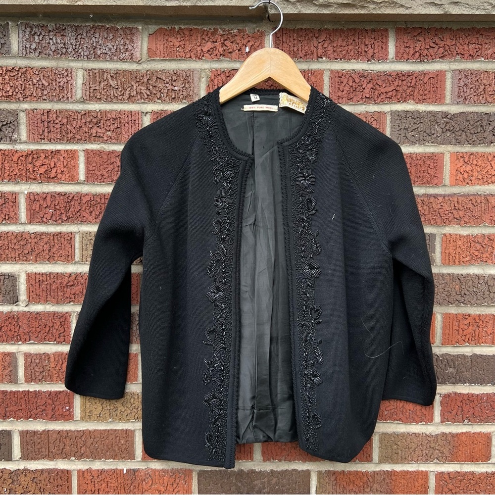 Gimbels Black Embroidered Beaded Wool Textured Jacket